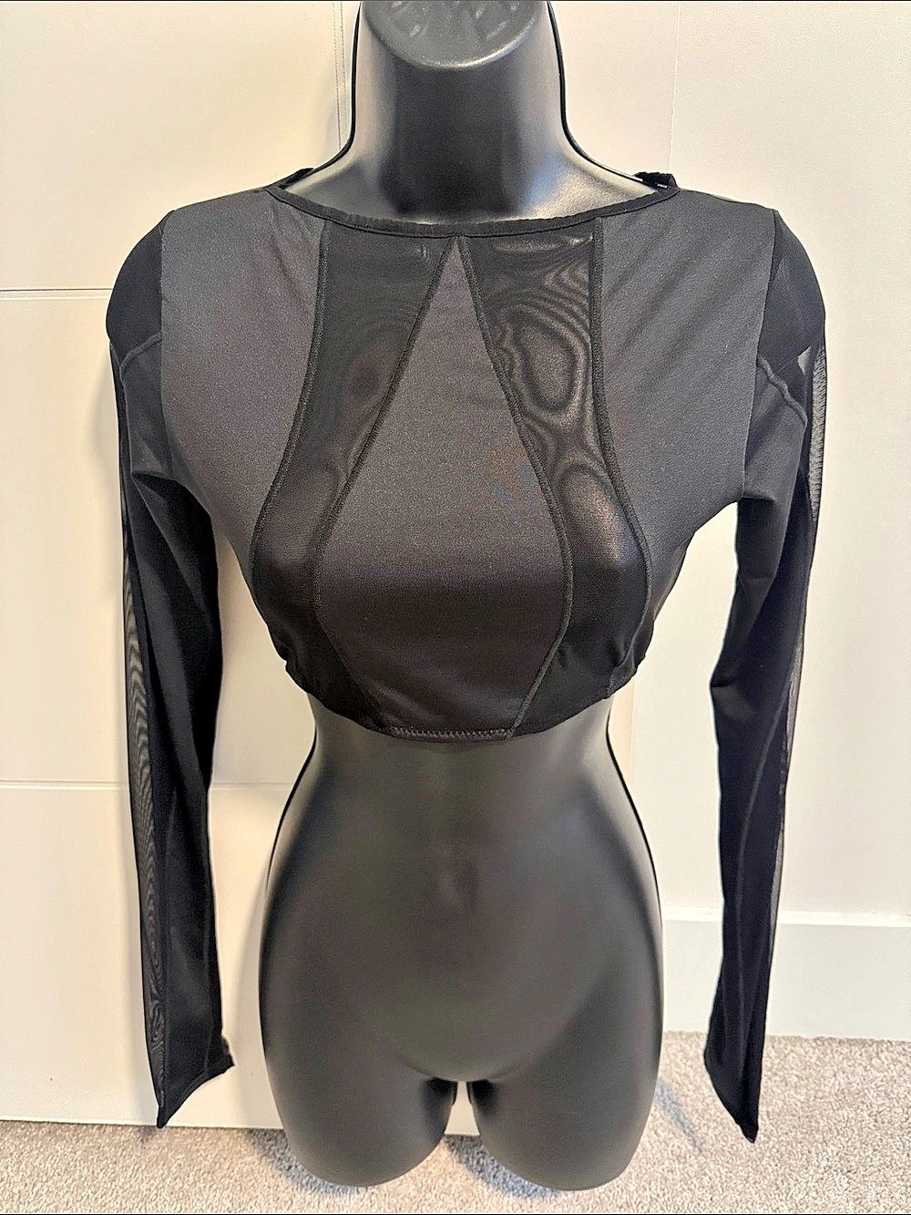 Black Reversible Sheer Panel Long Sleeve Crop Top Like New